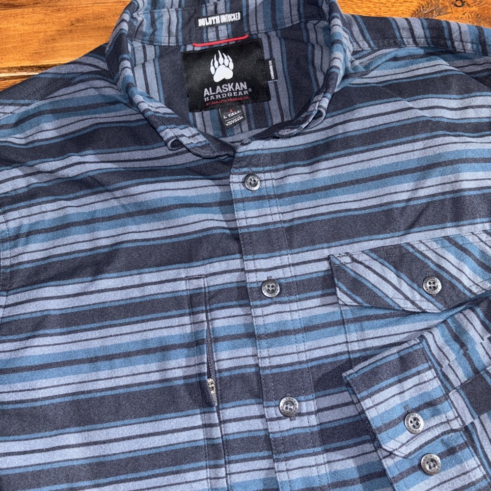 Alaskan Hardgear Flannel Shirt Men's Large Tall Blue Striped‎ Untucked by Duluth